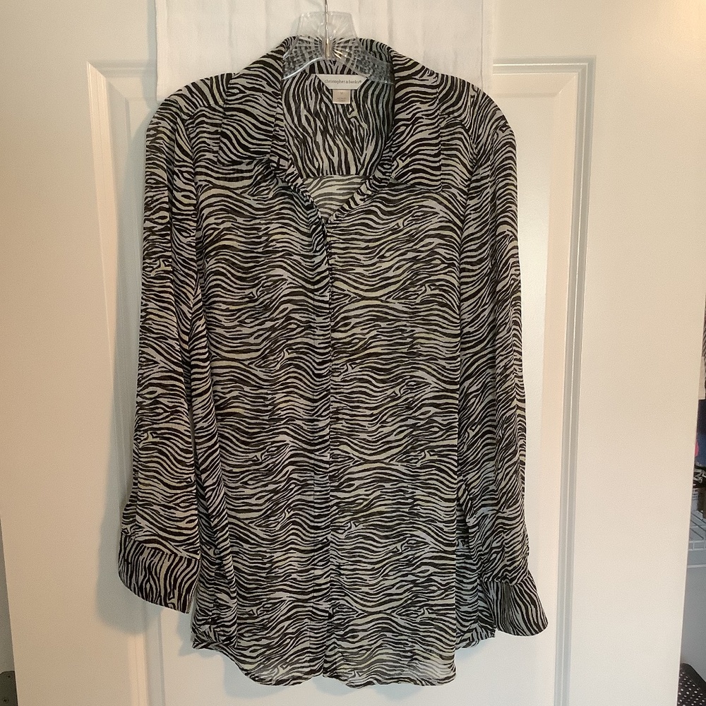 Christopher & Banks Sheer Blouse Zebra Print Black/ Light Gray/ Yellow Size M